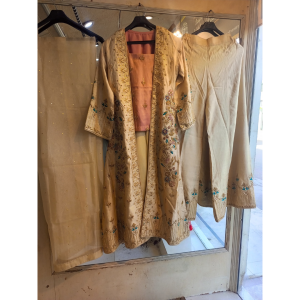 Raw silk hand made embroiery work Peshwash with plazo with organza dupatta