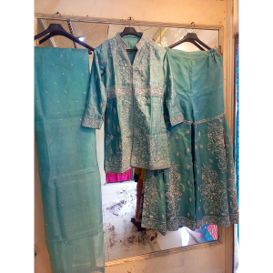 Shamoz silk handmade embroidery sky blue Shirt plazoo with organza dupatta