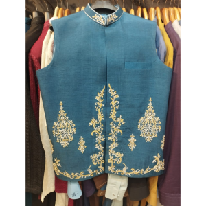 Deep Ferozi Westcoat with handmade cora work