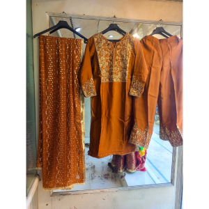 Elegant handmade cora work shirt with Farshi pajama and shafoon dupatta